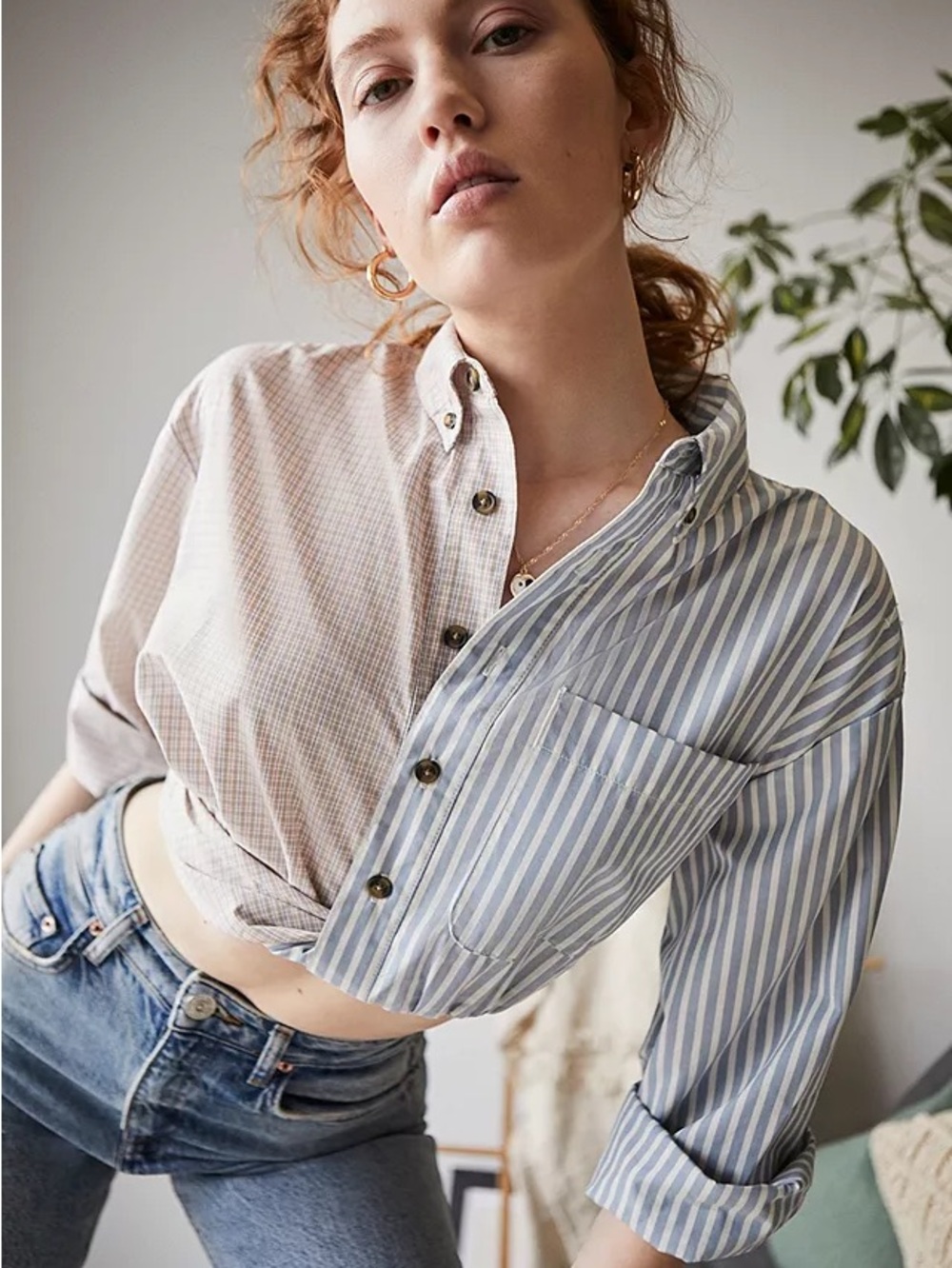 Urban Outfitters Two-Tone Cropped Button-Up in Blue and Cream